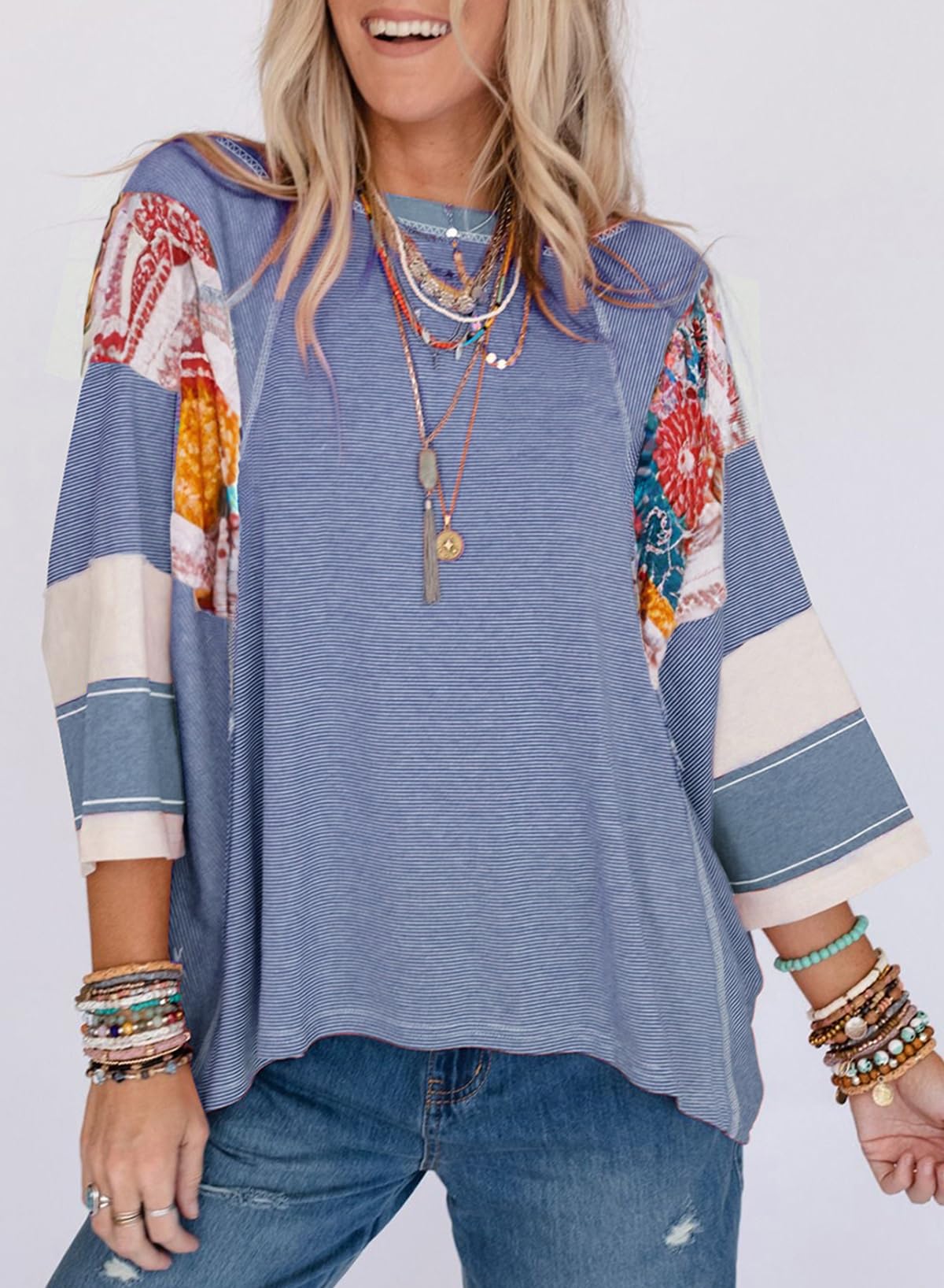 ✨Women's 3/4 Length Sleeve Oversized Striped Patchwork Shirts