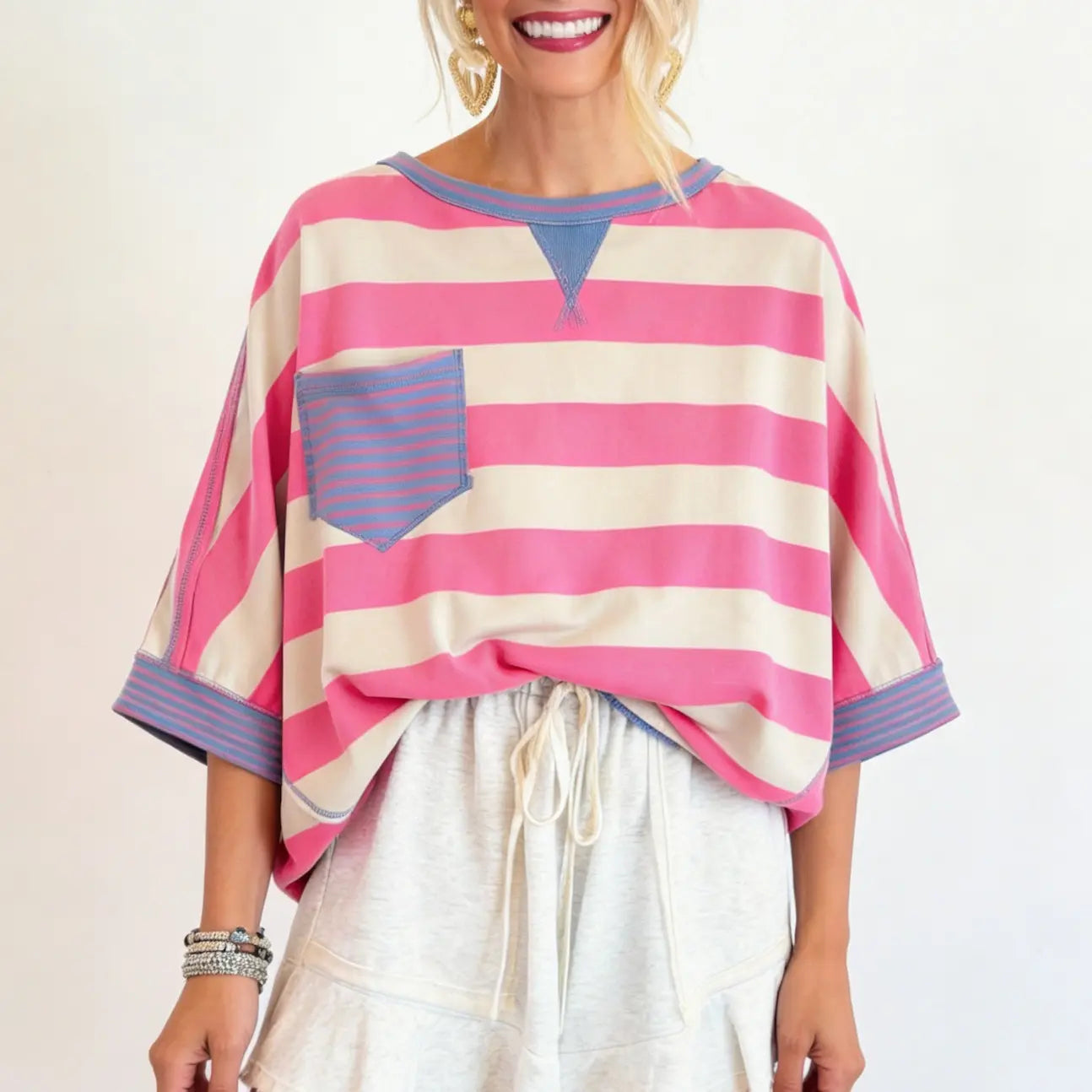 Women's T-shirts Striped Drop Shoulder Pocket T-shirt