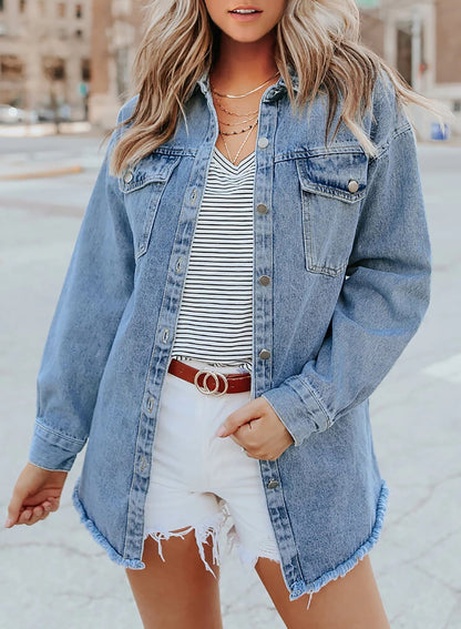 Limited time sale🔥Women's Casual Denim Button Down Distressed Jacket