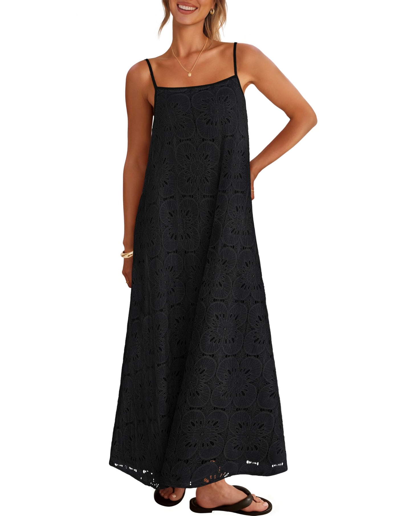 2026 Casual Sleeveless Floral Lace Eyelet Boho Beach Maxi Dress