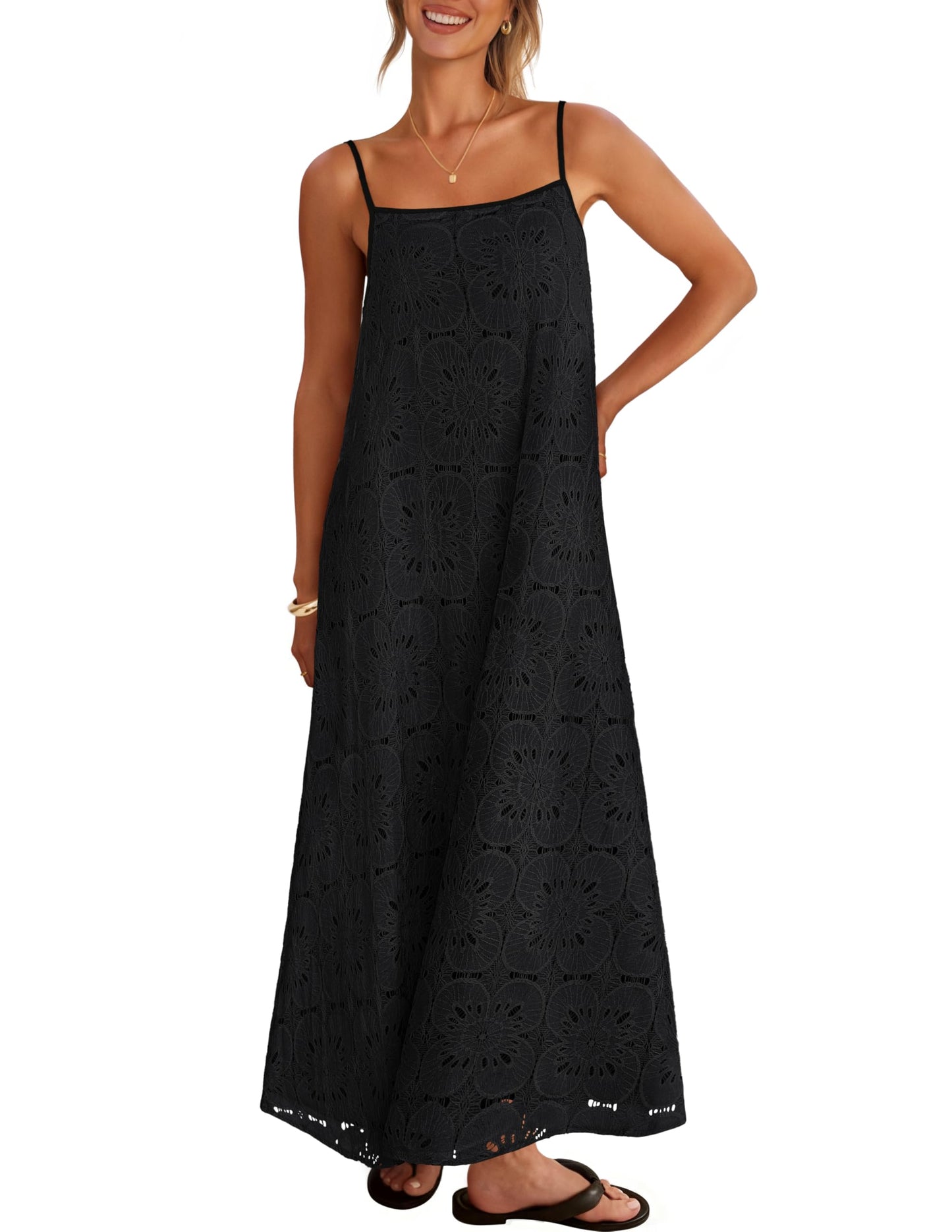 2026 Casual Sleeveless Floral Lace Eyelet Boho Beach Maxi Dress