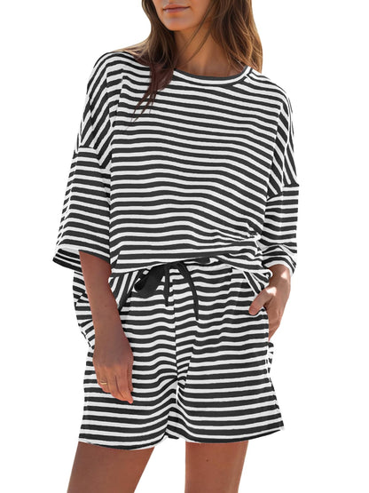 ⏰Hot Sale-Womens Striped 3/4 Sleeve Oversized Tops High Waisted Shorts Casual Lounge Sets