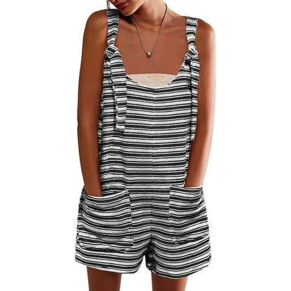 Summer Casual Sleeveless Striped Romper – Loose Overalls Jumpsuit with Pockets