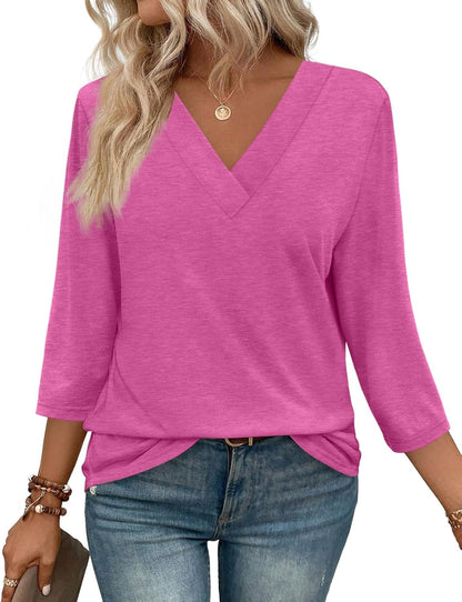 Women's Trendy V Neck 3/4 Long Sleeve Tops Loose Fit Blouse