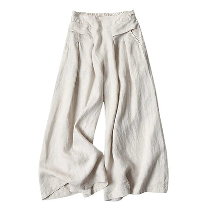 Women's Cotton Linen Culottes Pants Elastic Waist Wide Leg Palazzo Trousers
