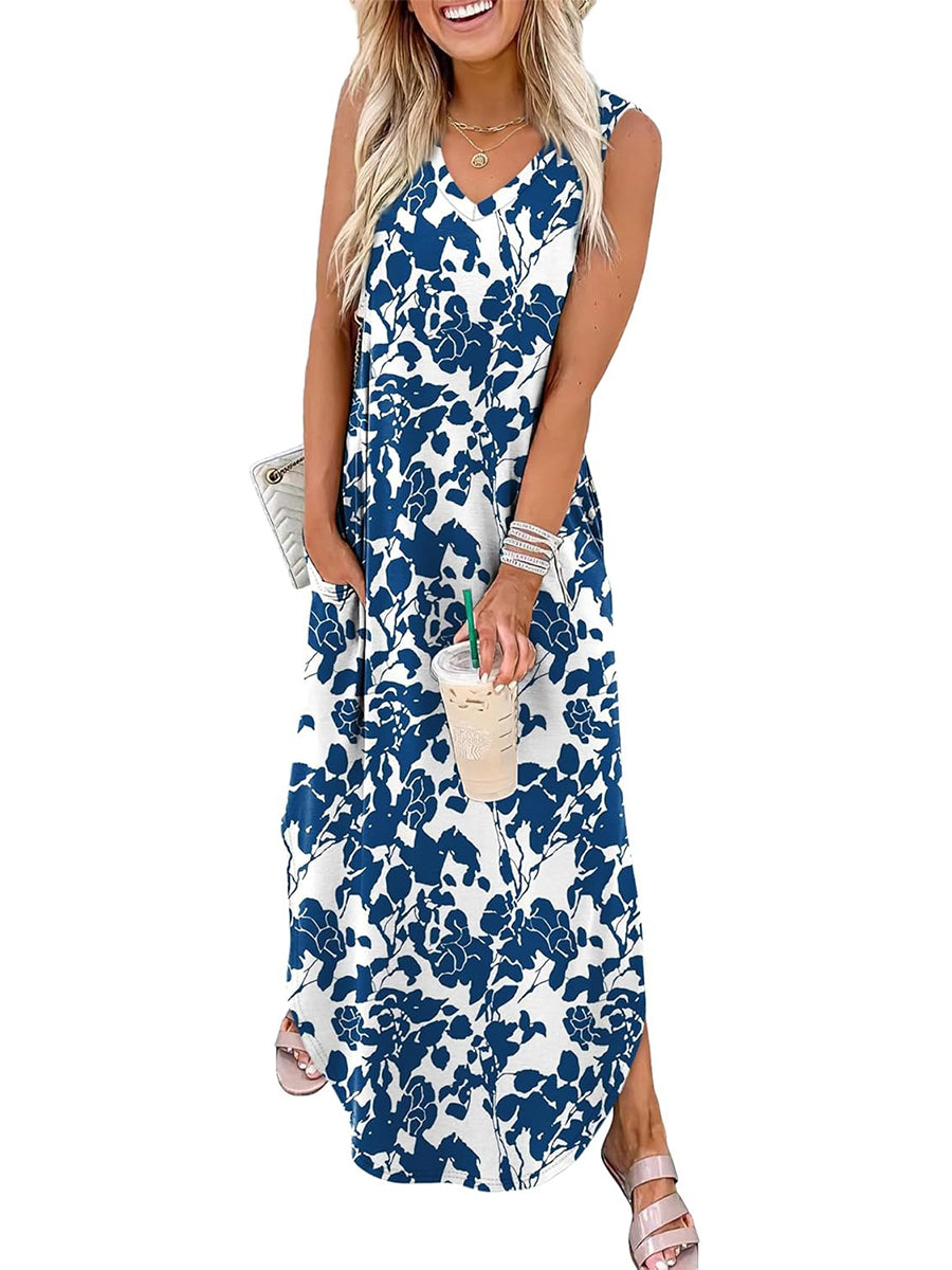 Limited time sale🔥Women's Boho Print V Neck Split Tank Long Dress with Pockets