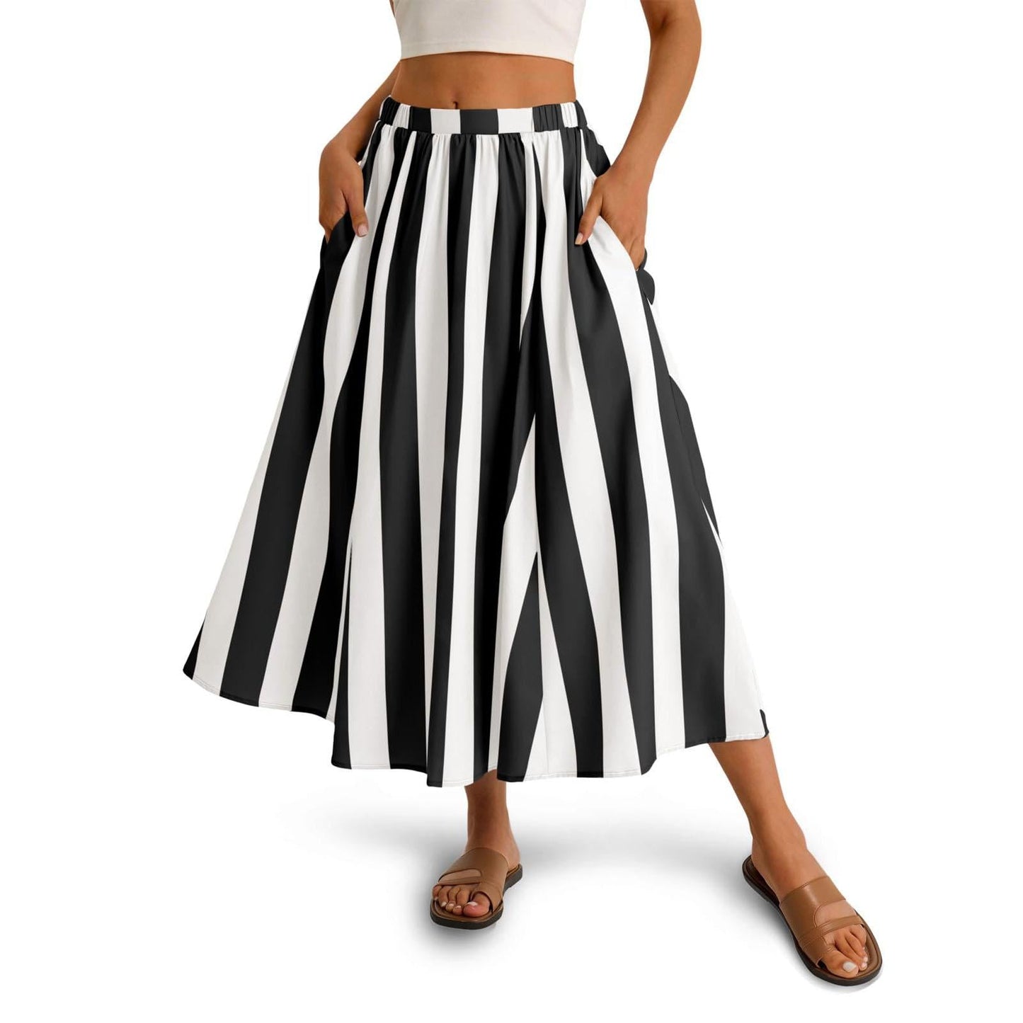 Women's Striped Elastic Waist A-Line Maxi Skirt
