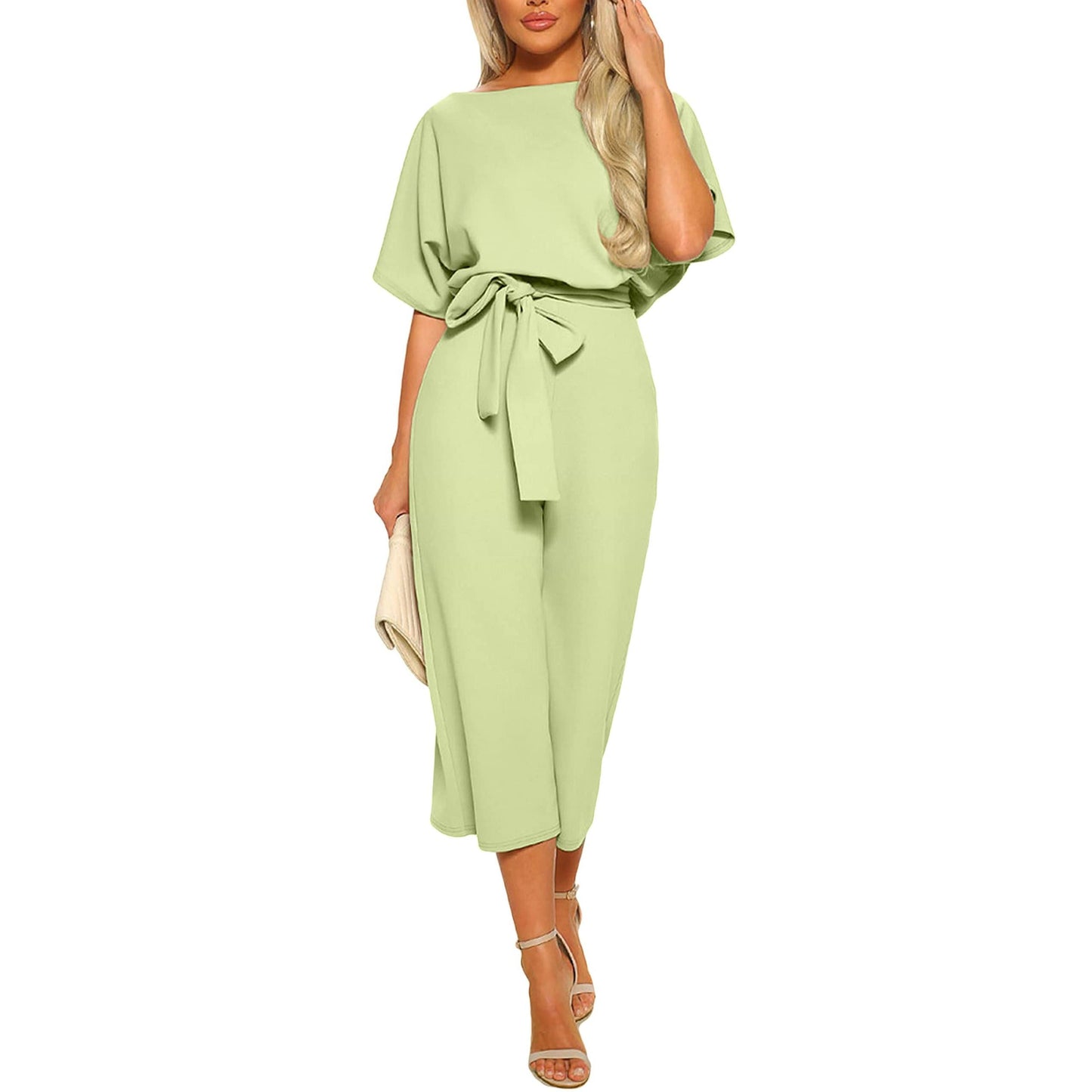 Women's summer and autumn short sleeved jumpsuit with bow tie