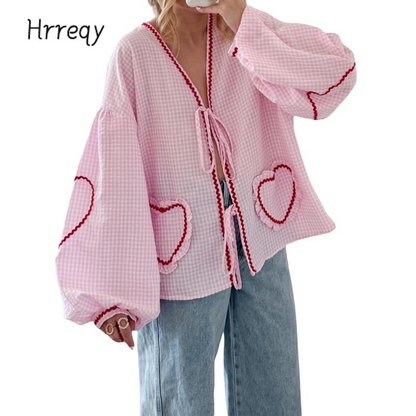 Women Long Sleeve Shirts Heart Embroidery Plaid Front Bowknot Tie-Up Blouses