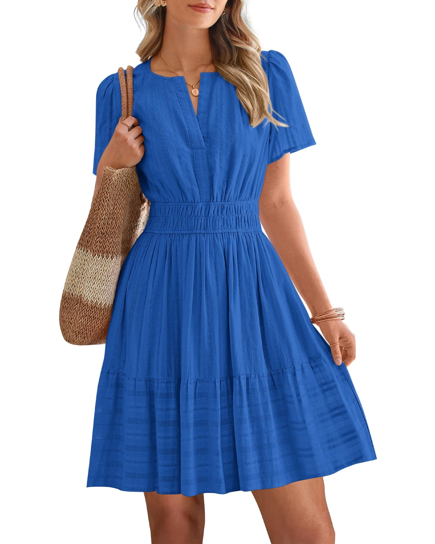 Women's Lightweight Short Sleeve V Neck Elastic Waist Mini Dress