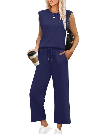 ✨Women's Casual Cap Sleeve Top Wide Leg Crop Pants Two Piece Sets