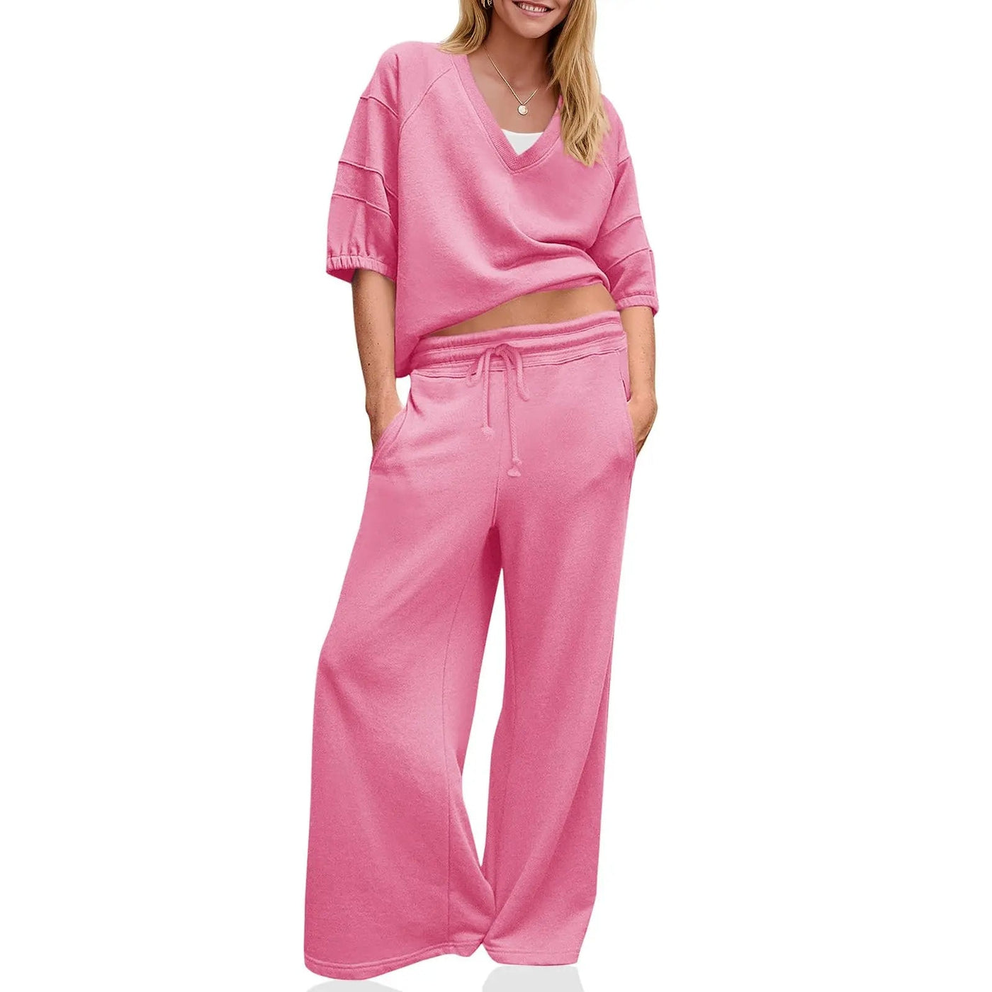 Womens 2 Piece Outfits Casual V Neck Shirts Wide Leg
