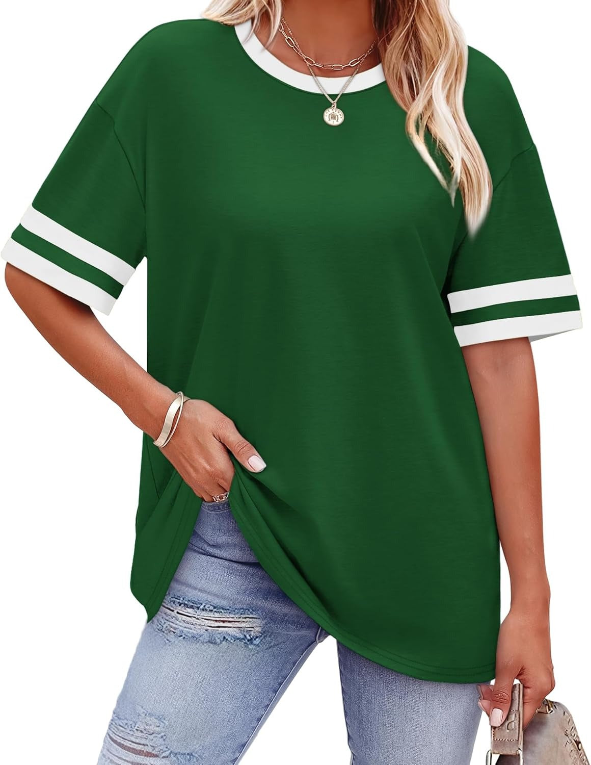 ✨ Women's Oversized Crew Neck Colorblock Striped Sleeve T-shirt
