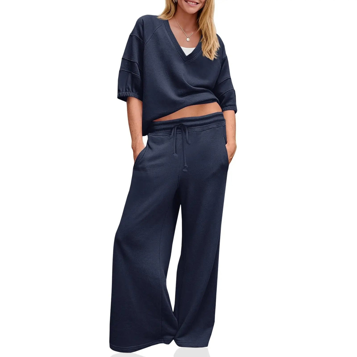 Womens 2 Piece Outfits Casual V Neck Shirts Wide Leg