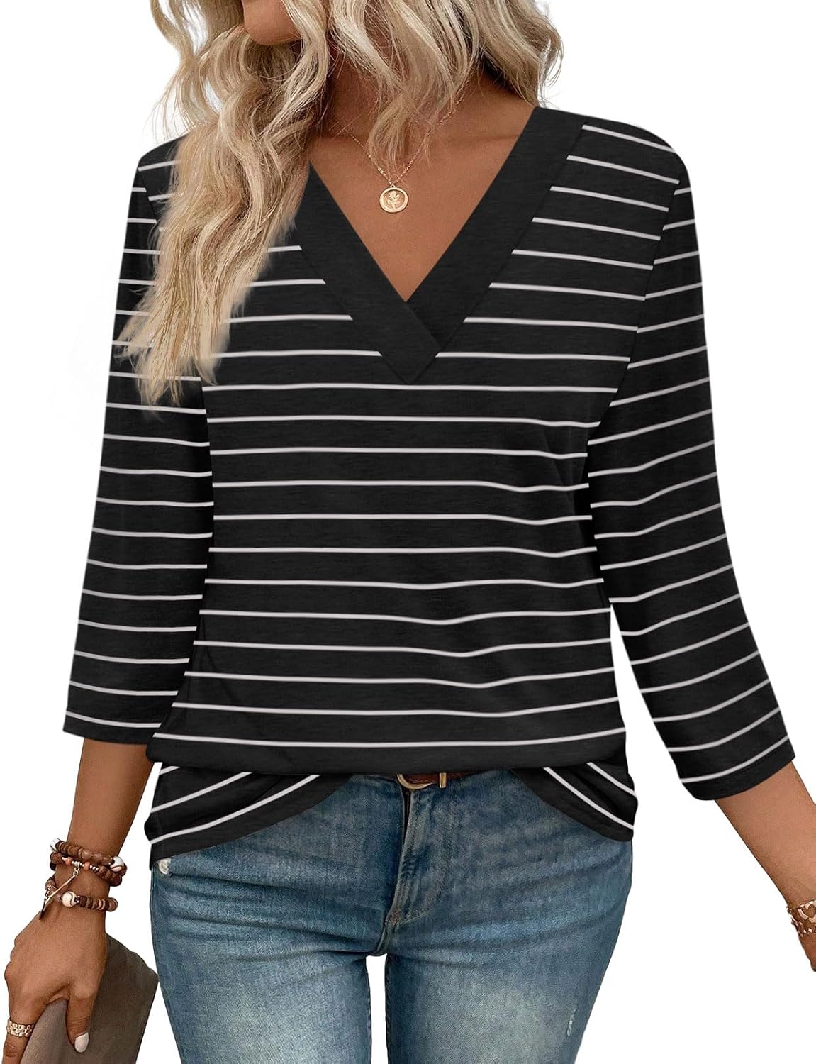 Women's Trendy V Neck 3/4 Long Sleeve Tops Loose Fit Blouse