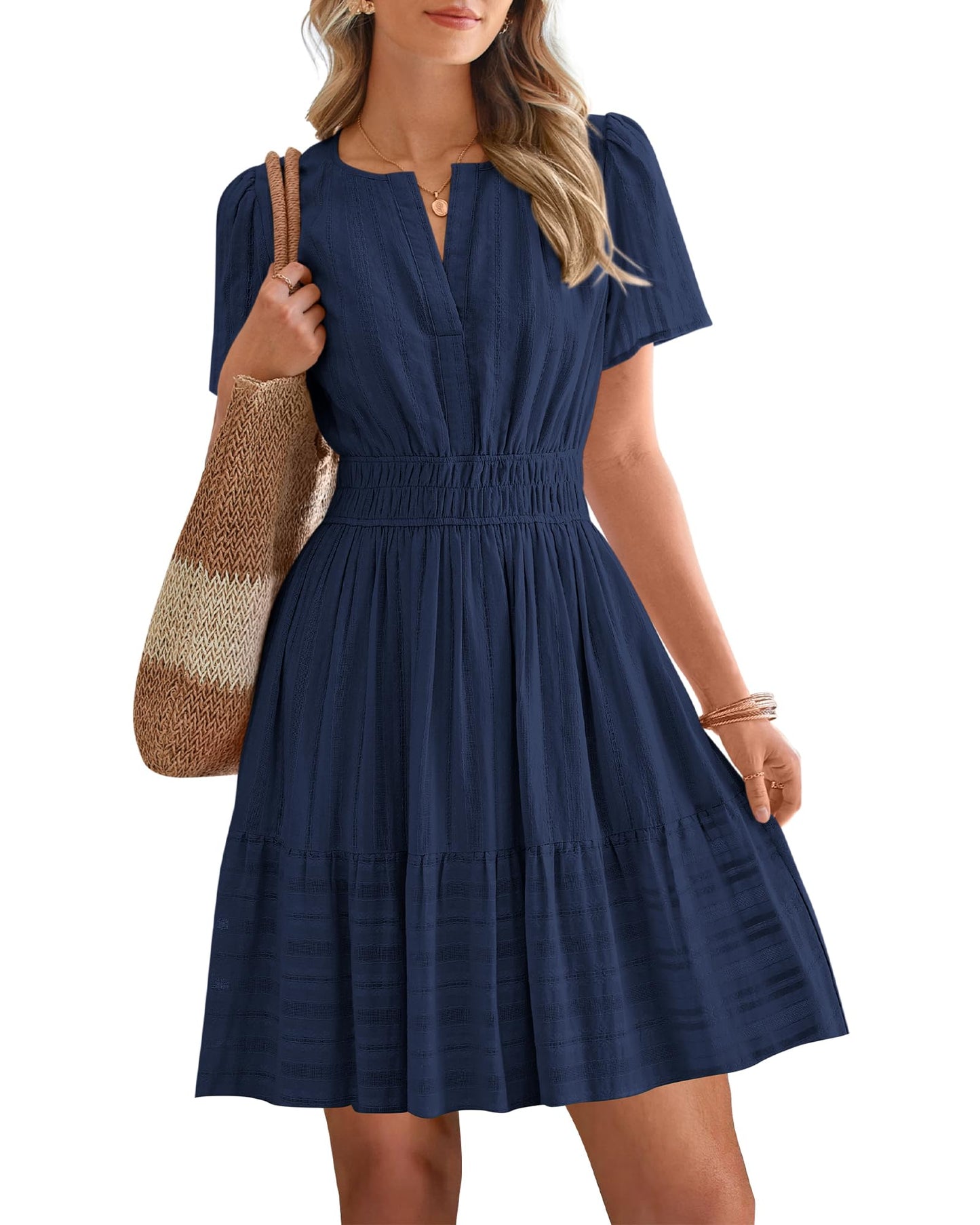 Women's Lightweight Short Sleeve V Neck Elastic Waist Mini Dress