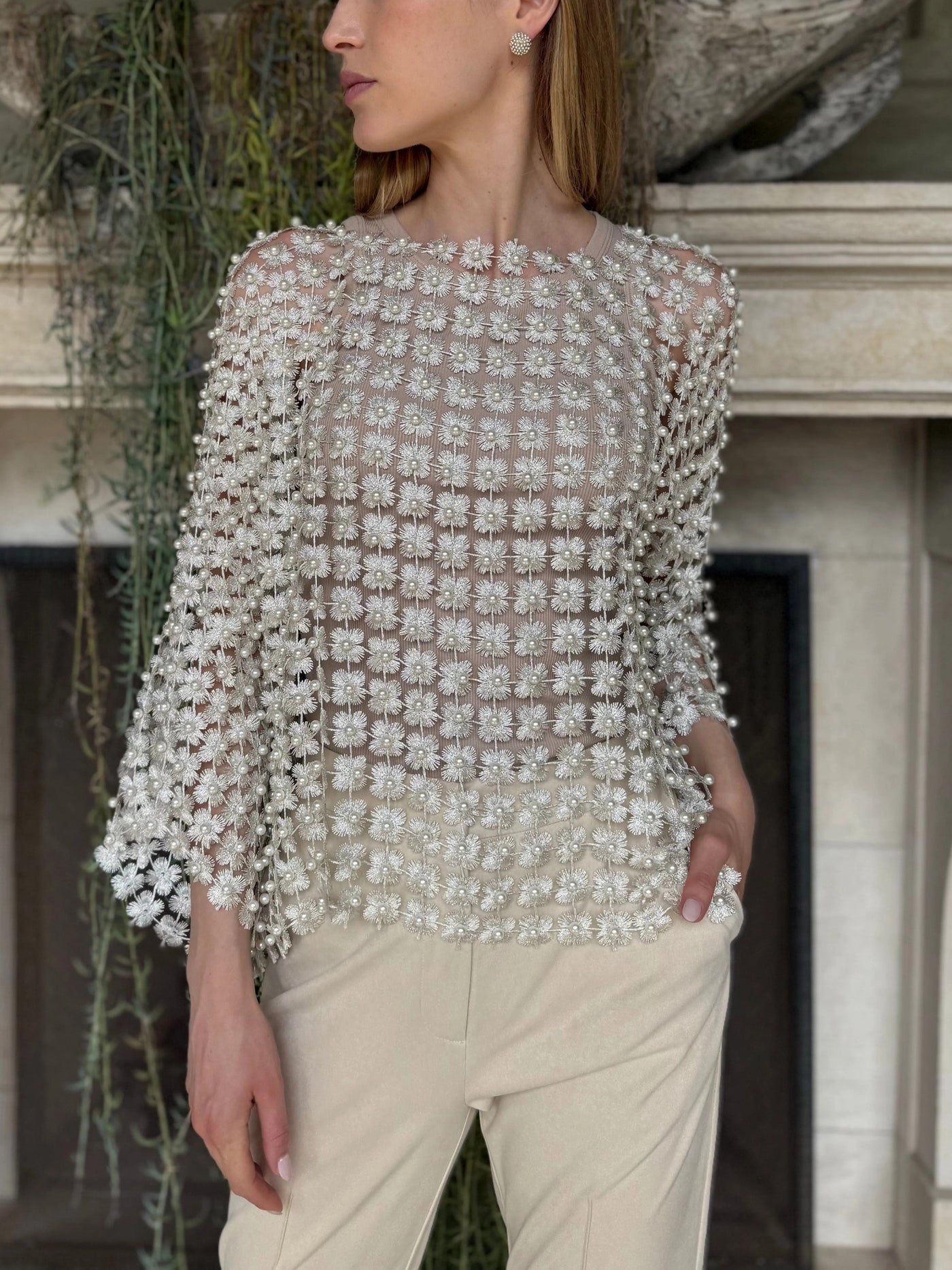 HOT SALE Women's Beaded Floral Cutout Long Sleeve Top Coverup