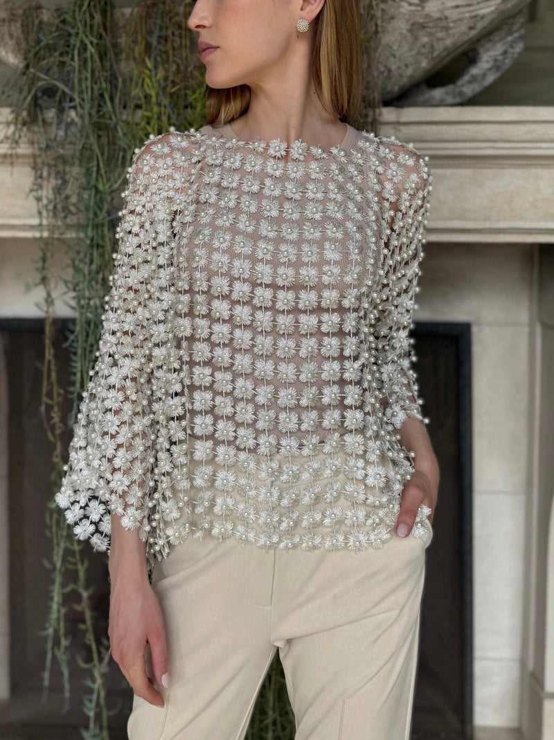 HOT SALE Women's Beaded Floral Cutout Long Sleeve Top Coverup
