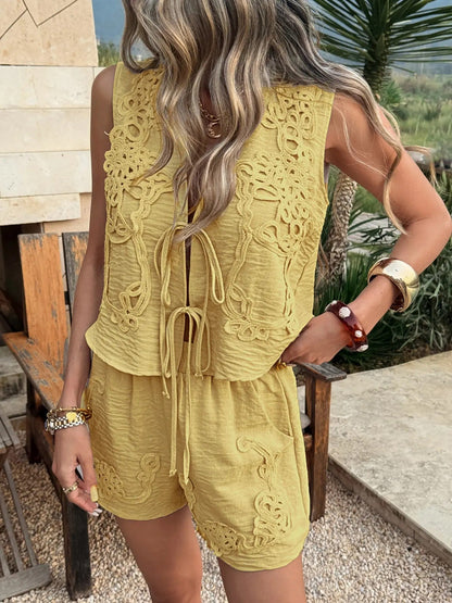 Women's V Neck Lace-Up Sleeveless Crop Top & Shorts Set