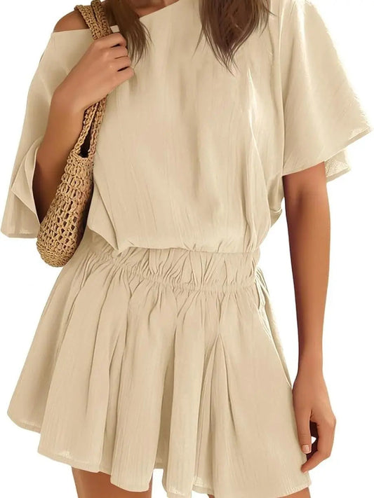 ⏰Hot Sale-Women’s Casual Short Sleeve Elastic Waist Loose Flowy Mini Skirt Dress