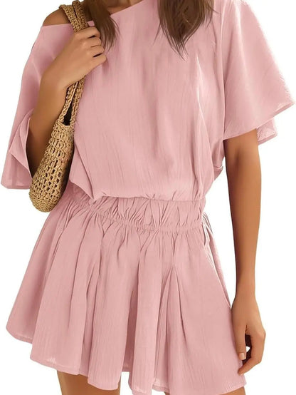 ⏰Hot Sale-Women’s Casual Short Sleeve Elastic Waist Loose Flowy Mini Skirt Dress