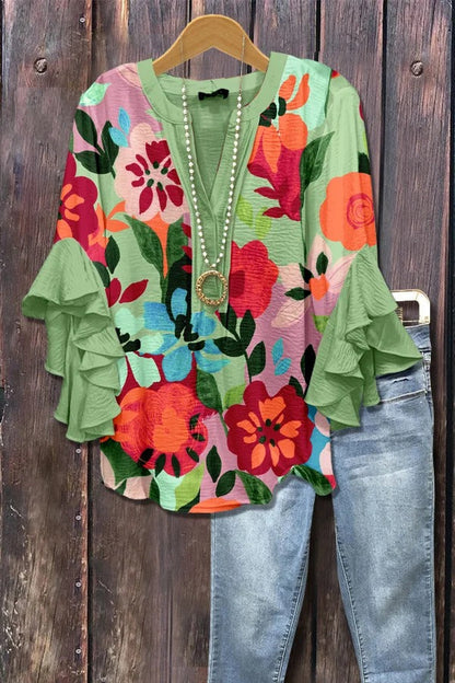 Women's Mixed Floral Print Ruffle Bell Sleeve Top