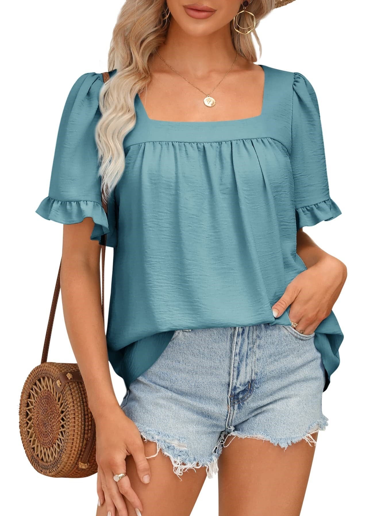 Limited time sale🔥Women's Sqaure Neck Ruffle Sleeve Blouses Peplum Tops