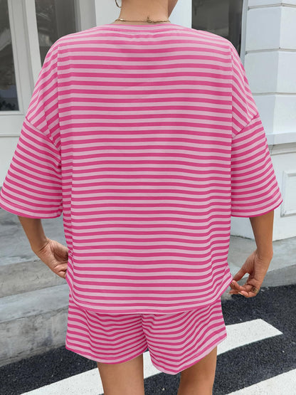 ⏰Hot Sale-Womens Striped 3/4 Sleeve Oversized Tops High Waisted Shorts Casual Lounge Sets
