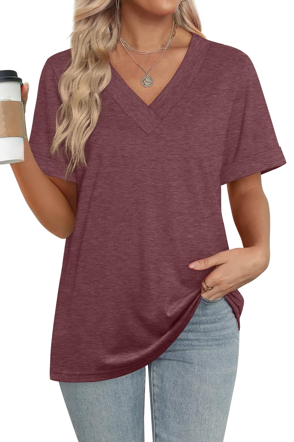 Women's Summer Tops Short Sleeve Basic Casual V Neck T Shirts