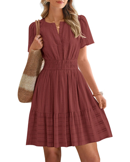 Women's Lightweight Short Sleeve V Neck Elastic Waist Mini Dress