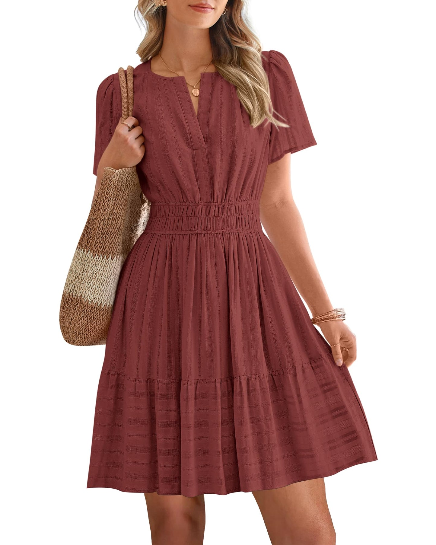Women's V-Neck Elastic Waist Tiered Mini Dress