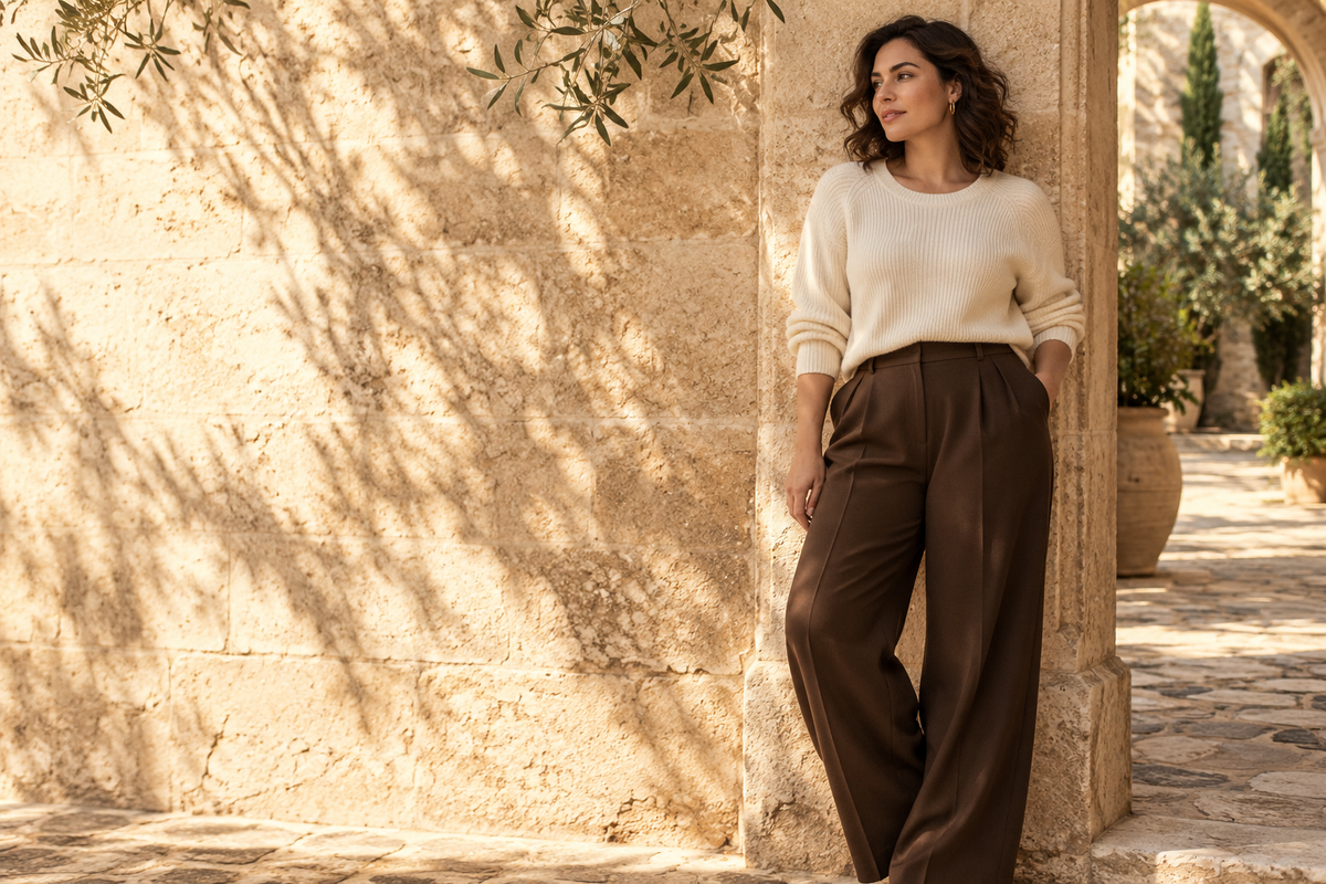 Editorial mood image: ivory knitwear and chocolate tailoring