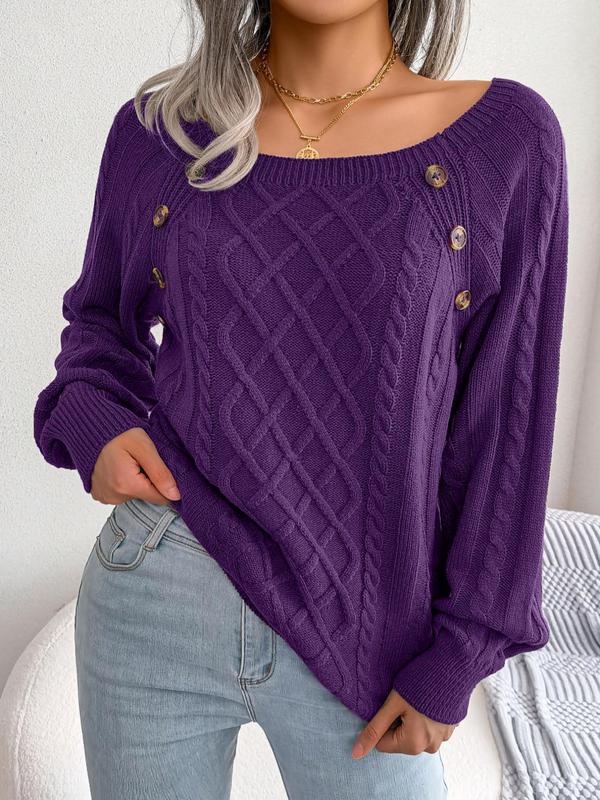 Women's Solid Textured Fake Buttons Raglan Sleeve Sweater
