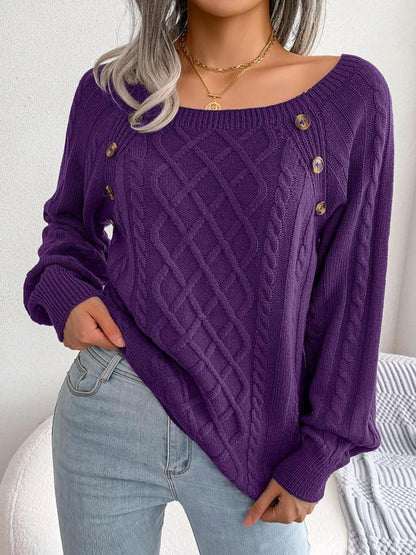 Women's Solid Textured Fake Buttons Raglan Sleeve Sweater