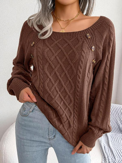 Women's Solid Textured Fake Buttons Raglan Sleeve Sweater