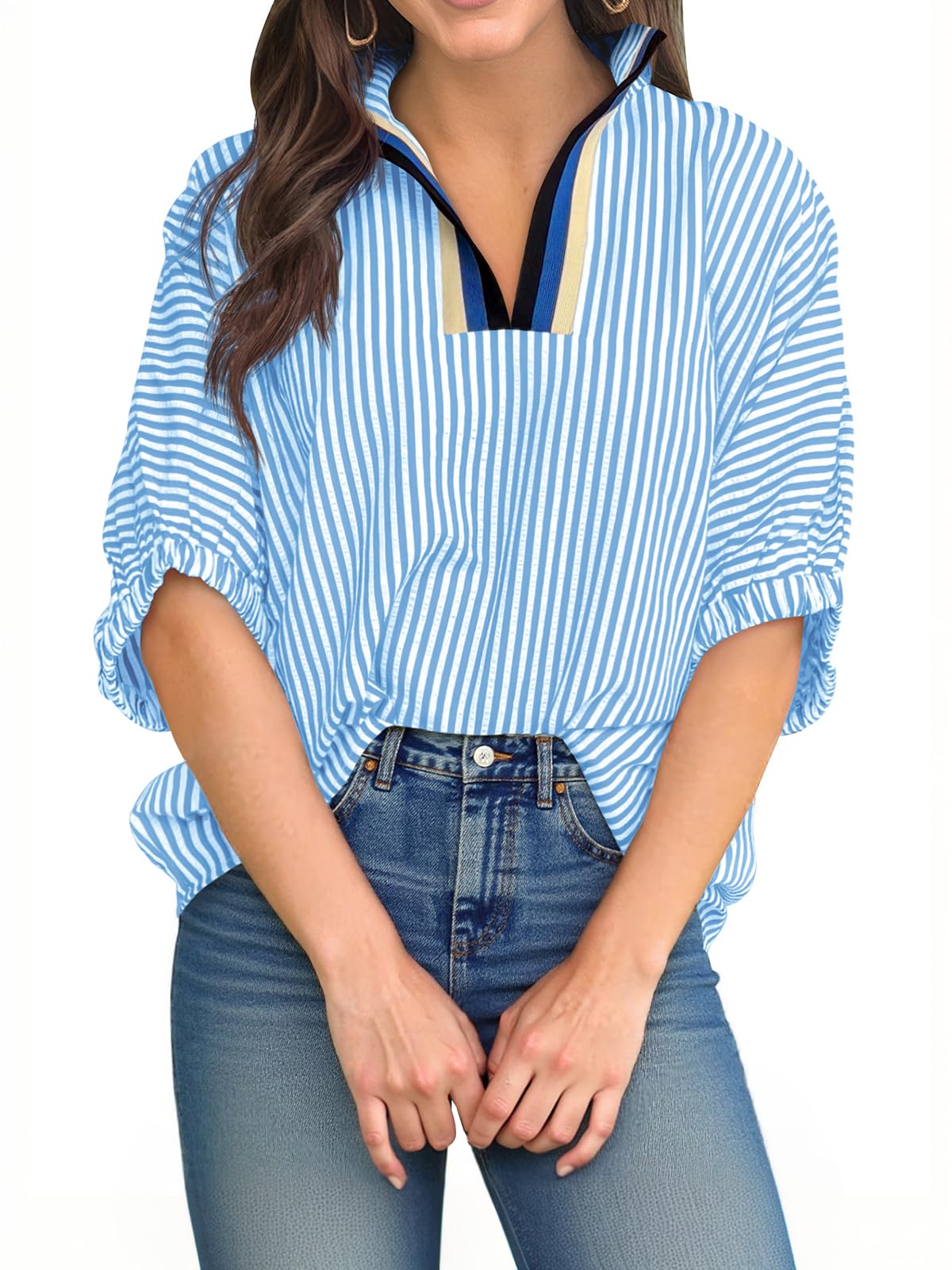 ⏰Hot Sale-Womens V Neck Striped Blouse Oversized Dolman Sleeve Tops