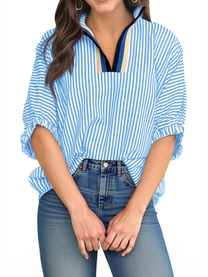⏰Hot Sale-Womens V Neck Striped Blouse Oversized Dolman Sleeve Tops