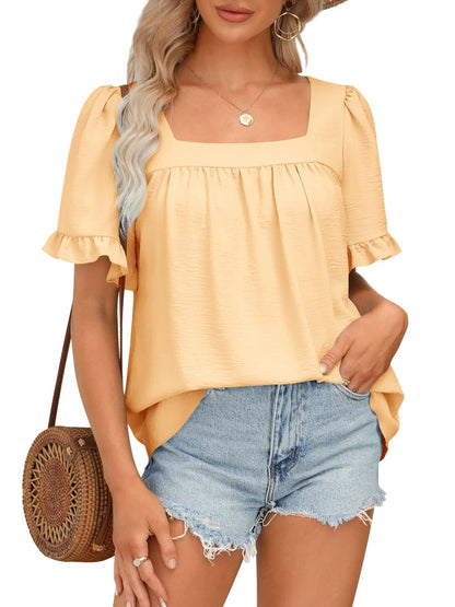 Limited time sale🔥Women's Sqaure Neck Ruffle Sleeve Blouses Peplum Tops