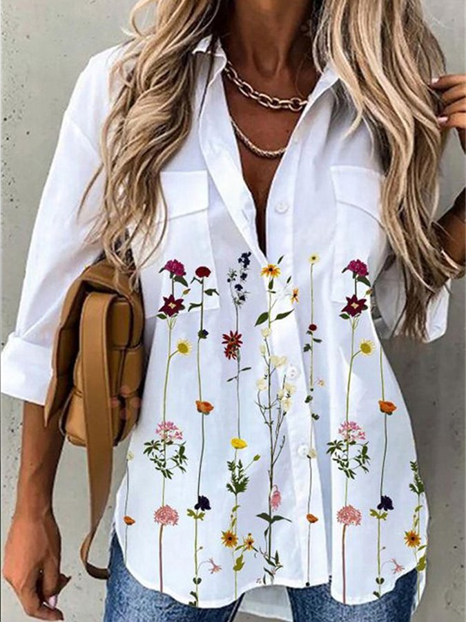 Women's Fashion Print Long Sleeve Lapel Shirt