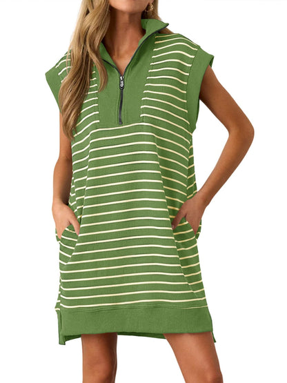 Limited time sale🔥Women's Striped Casual Zipper Cap Sleeve Mini Dress
