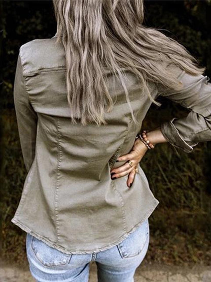 Solid Color Lapel Neck Pleated Denim Shacket