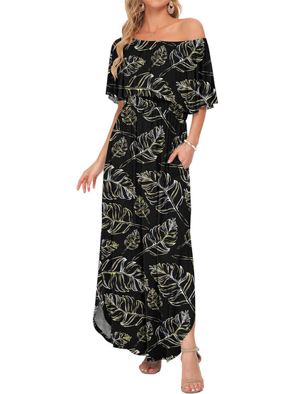 Women's Off-Shoulder Floral Maxi Dress with Pockets & Side Slit