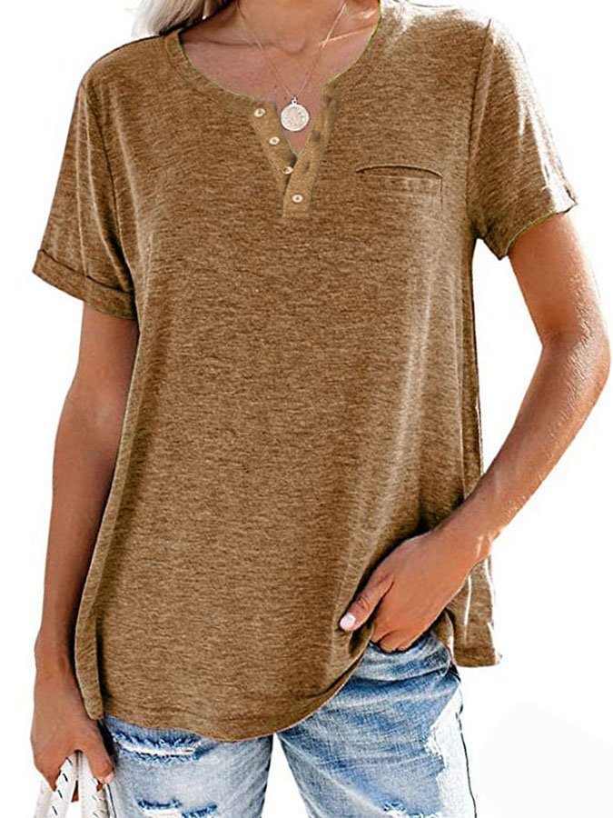 Summer Fashion Solid Color Pocket Short Sleeve T-Shirt