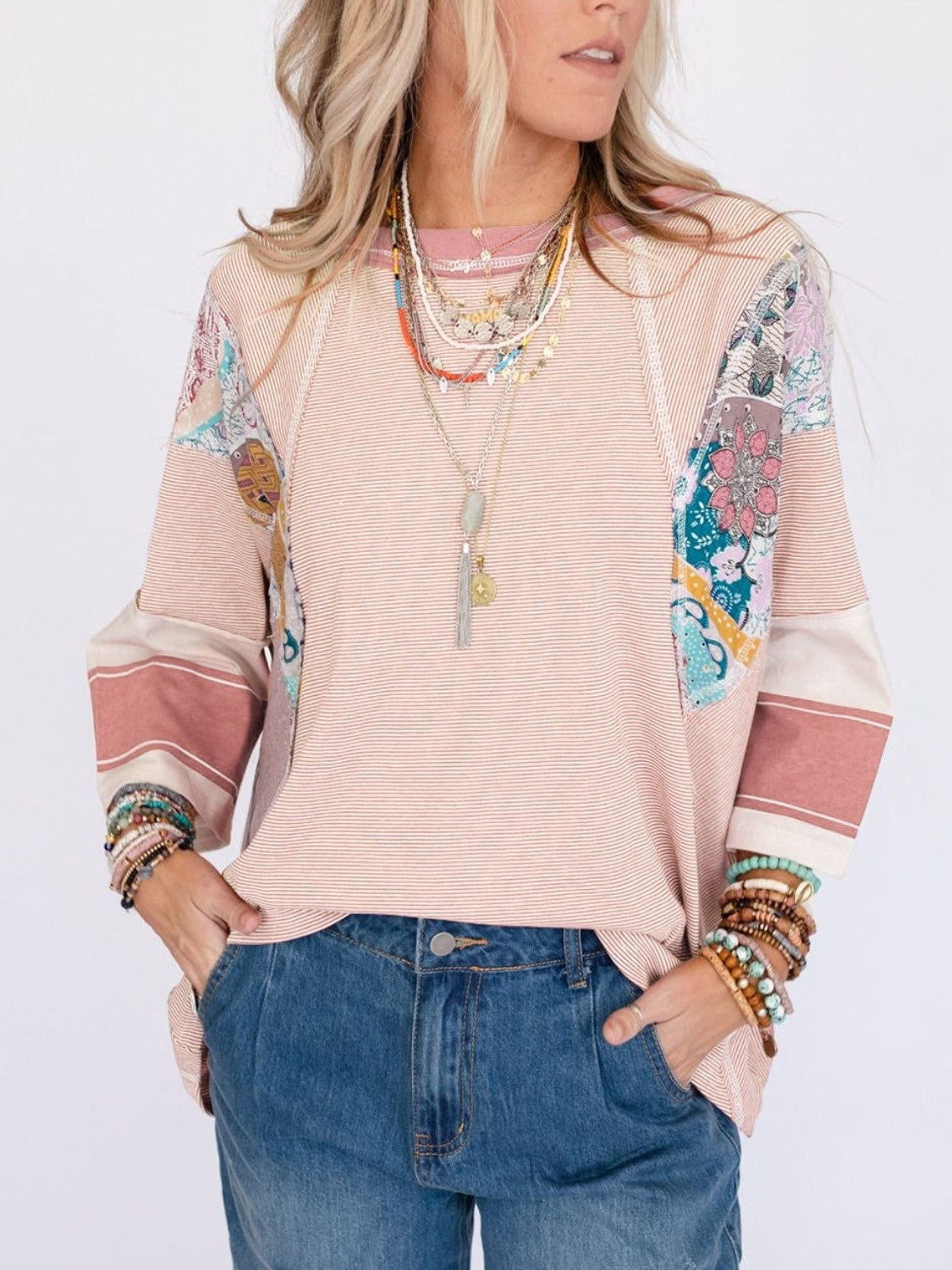 ✨Women's Casual Striped Floral Print Patchwork Oversized 3/4 Sleeve Top
