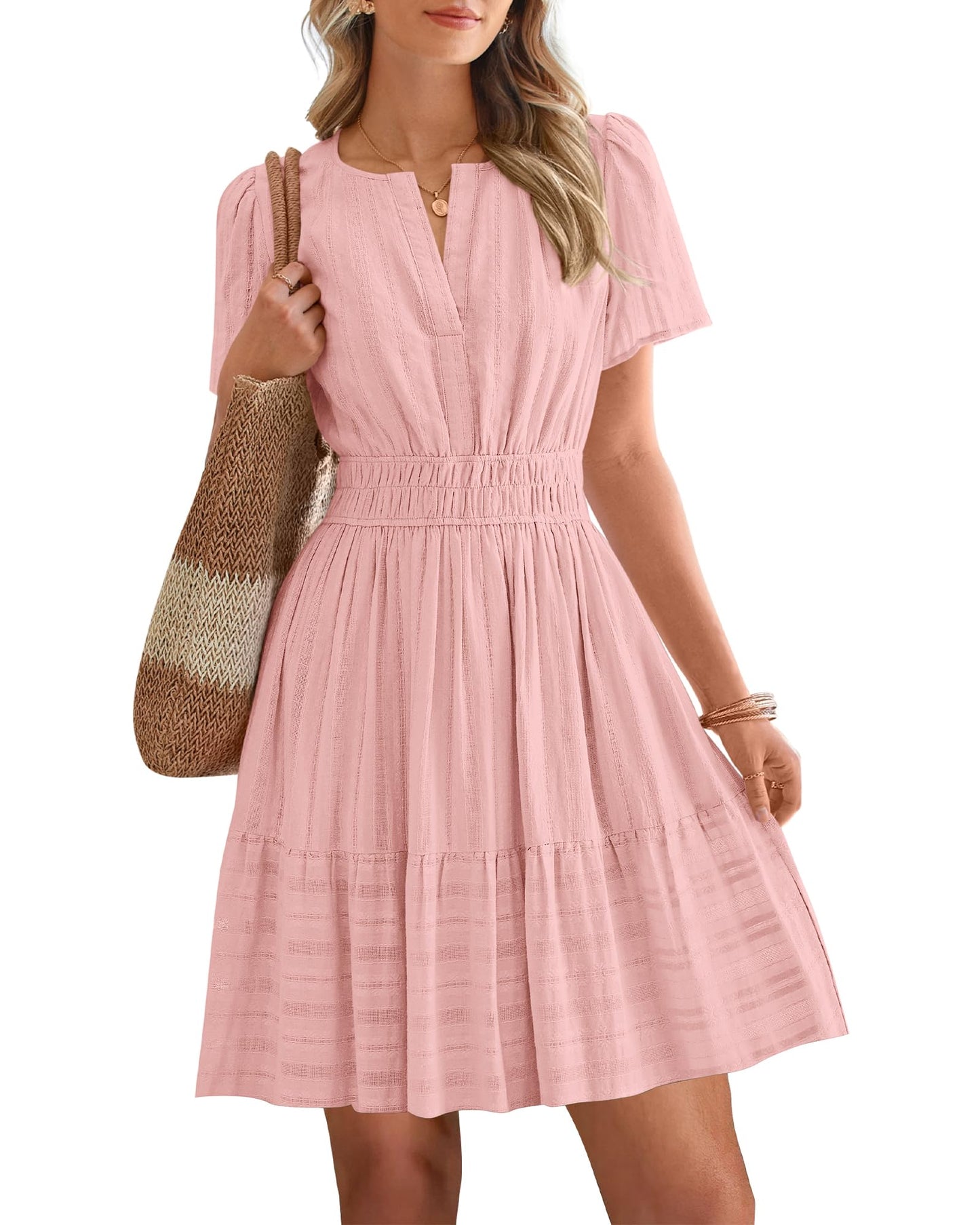 Women's Lightweight Short Sleeve V Neck Elastic Waist Mini Dress