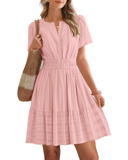 Women's Lightweight Short Sleeve V Neck Elastic Waist Mini Dress