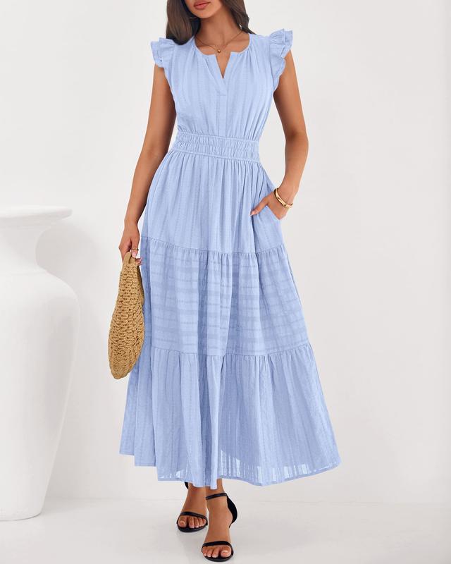 Dresses for Women Spring 2026 Maxi Casual Dress Flutter Short Sleeve V Neck
