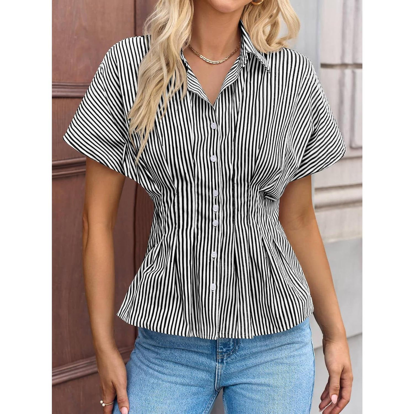 Women's Striped Peplum Button-Down Blouse