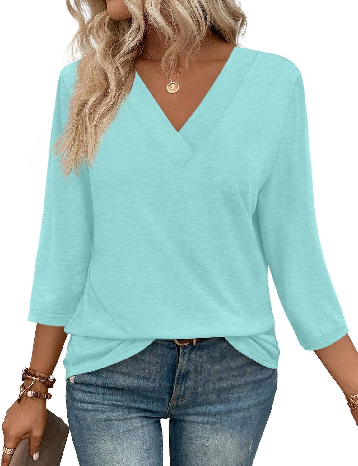 Women's Trendy V Neck 3/4 Long Sleeve Tops Loose Fit Blouse