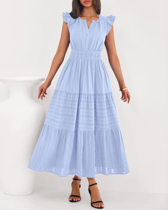 Dresses for Women Spring 2026 Maxi Casual Dress Flutter Short Sleeve V Neck